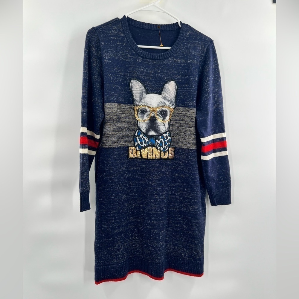 Palster Blue sweater dress with dog Divinus